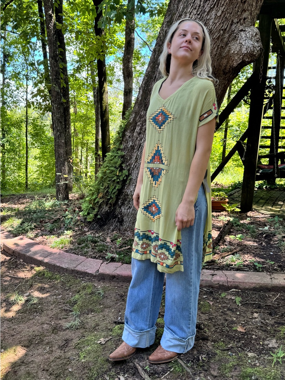 Double D Ranch Embroidered V-Neck Tunic Top - Sage Green